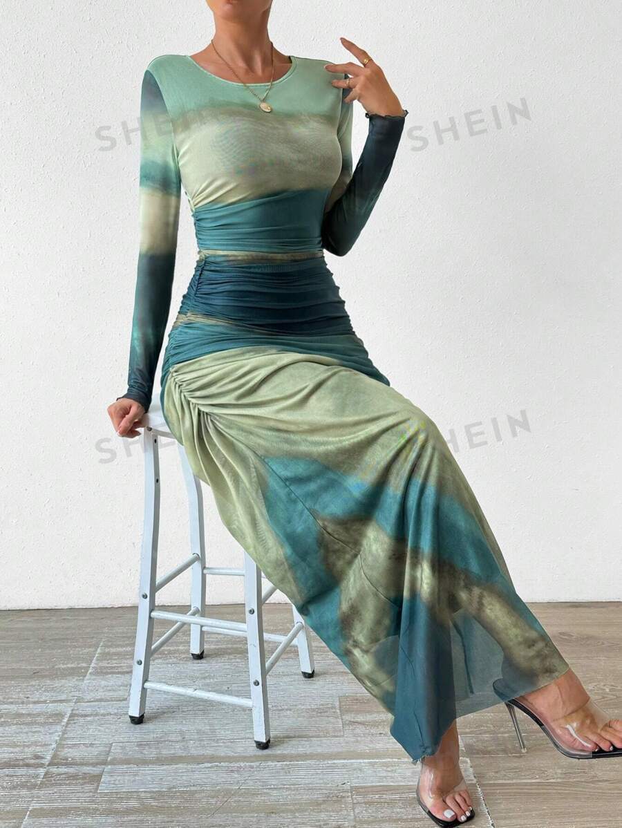 Tie-dyed Long Sleeve Slim Fit Hot Girl Long Dress Women