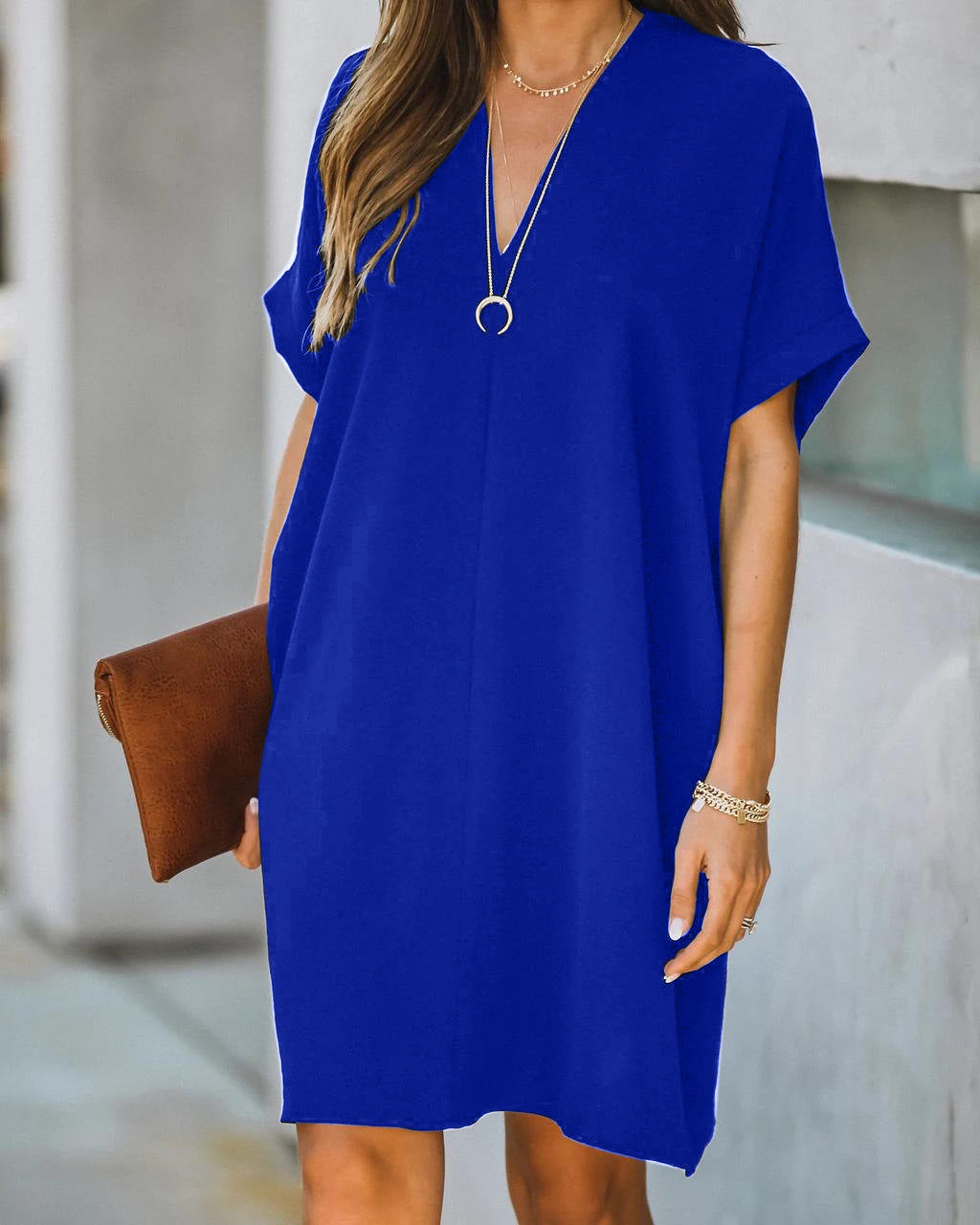 Women's V-neck short-sleeved solid color loose dress