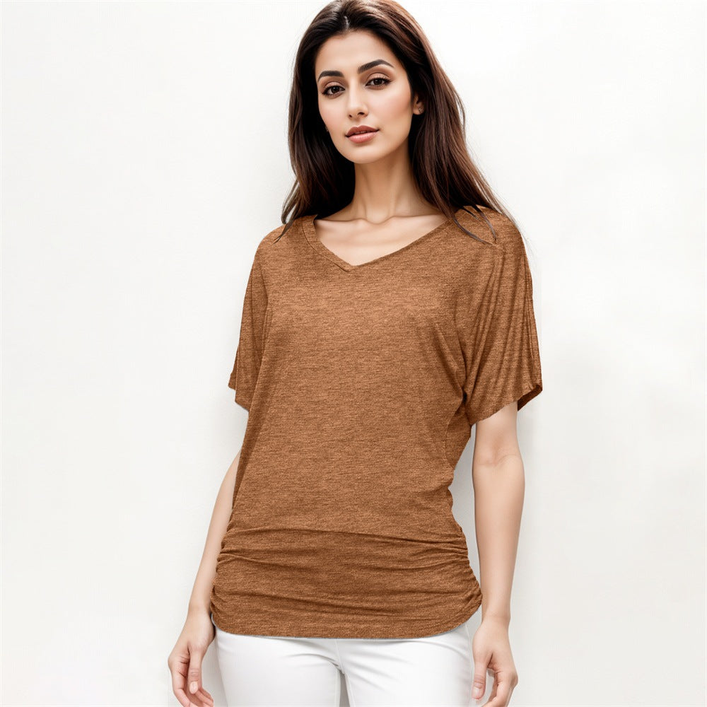 Fashionable Yarn V-neck Loose Pleated Top