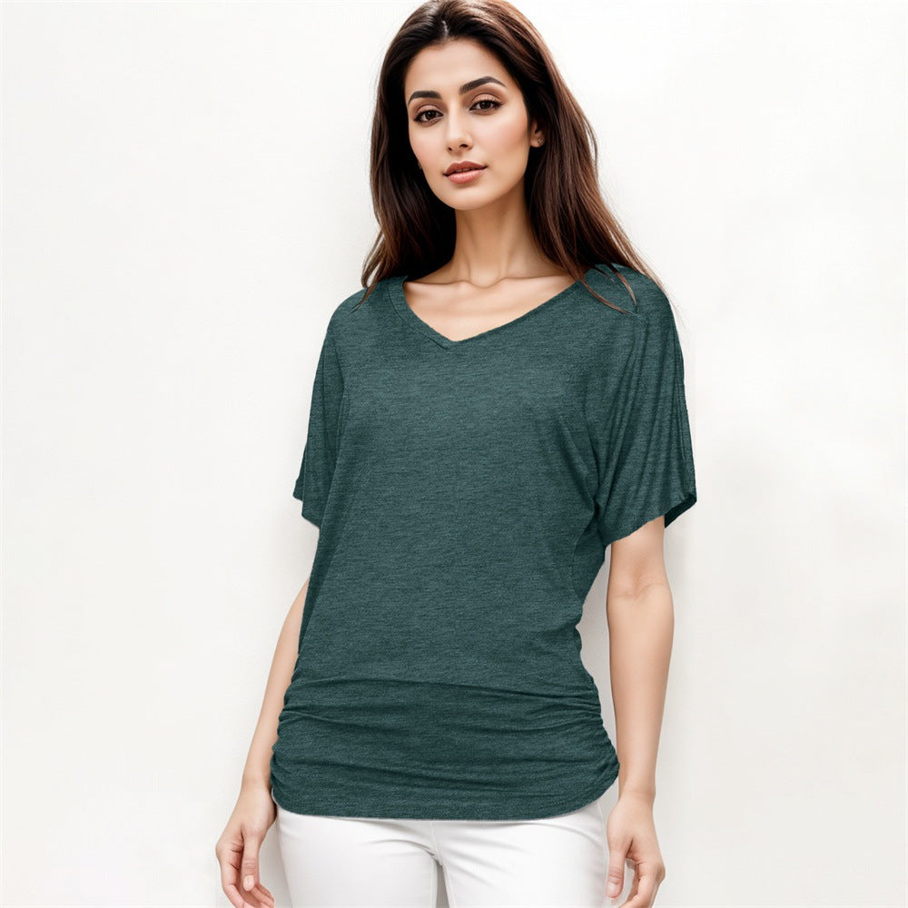 Fashionable Yarn V-neck Loose Pleated Top